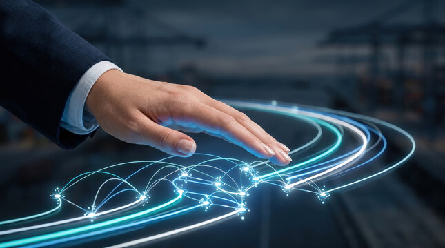Supply chain resilience automation digital network control glowing logistics route technology hand guides futuristic freight terminal background blur night