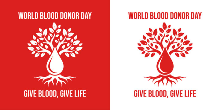 World blood donor day banner concept with creative blood drop tree and give blood give life slogan vector illustration