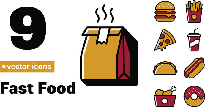 This set of nine colorful fast food vector icons features a steaming paper bag burger pizza fries taco hotdog chicken bucket and a sweet donut