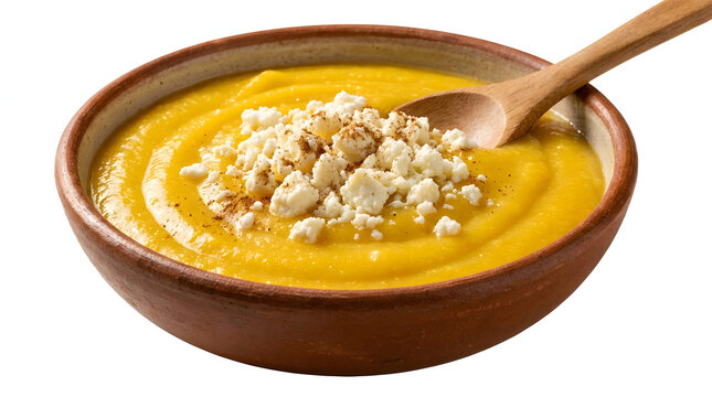 Traditional Panamanian pesada de nance, a sweet yellow fruit pudding topped with crumbled white cheese, isolated on white