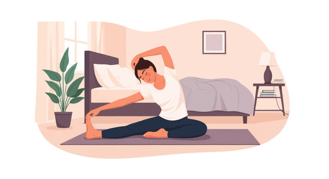 Flat vector illustration of a young woman practicing yoga and stretching on a purple mat in a cozy bedroom with a bed, potted plant, and window. She is performing a seated side-bend leg stretch.