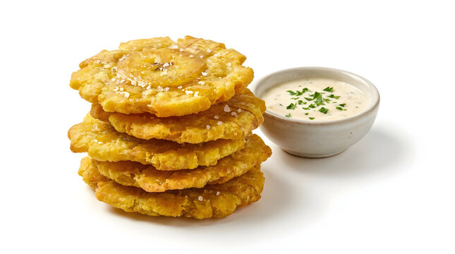 Crispy fried green plantains known as patacones, traditional Panamanian side dish, isolated on white background