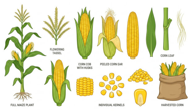 Detailed maize plant and corn cob vector set with kernels for agriculture design