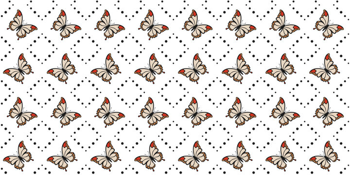 Decorative mottled butterflies and black rhombs of dots on a white background. Endless texture with insect and geometric ornament. Vector seamless pattern for wrapping paper, surface texture, printing