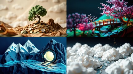 Fototapeta premium Four miniature landscapes. Tree atop coins, cherry blossoms, mountains with tunnel, clouds over water. Stylized, low poly aesthetic.
