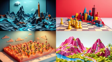 Fototapeta premium Four miniature landscapes. Mountains, rivers, cities, flowers. Bright colors, playful design, room setting. Creative, artistic presentation.