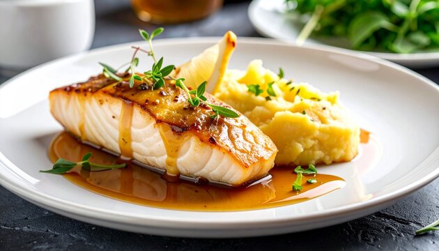 Fine dining plate of sablefish with maple glaze