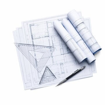 Layered blueprints with curled paper edges transparent drafting triangles and a sleek mechanical pencil arranged in a clean geometric layout abstract blueprint details blank
