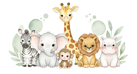 Naklejka premium Cute baby safari animals arrangement with giraffe elephant zebra lion monkey hippo