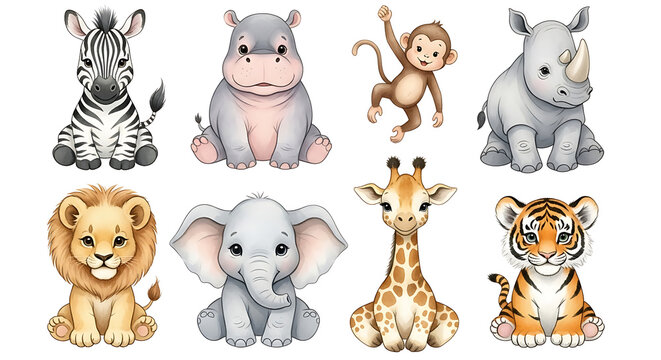 Cute baby safari animals collection including zebra hippo monkey rhino lion elephant giraffe tiger