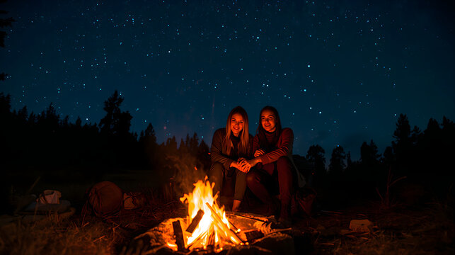 Couple sitting by campfire showing romantic intimacy with starry night sky firelight details and outdoor camping setting creating beautiful togetherness generative AI