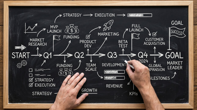 A business plan drawn on a blackboard, showing steps from start to goal, including market research, funding, product development, and marketing
