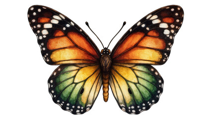 Monarch butterfly with orange yellow, and green wings and white spots © Femke