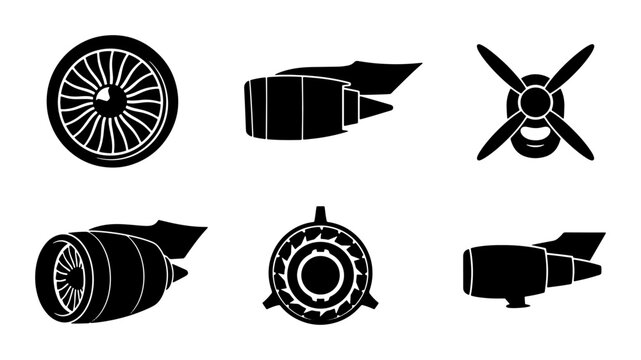 Jet Engine Icons, Aircraft Turbine Parts, Aviation Propulsion Components, Vector Set