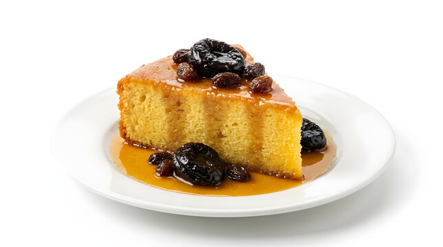 Panamanian sopa borracha, a sweet rum-soaked sponge cake dessert with prunes, isolated on a white background