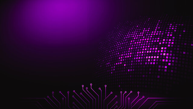 A dark purple to black gradient tech background featuring a sparse glowing dot matrix grid pattern of small square pixels arranged in a smooth curved formation on the right side.