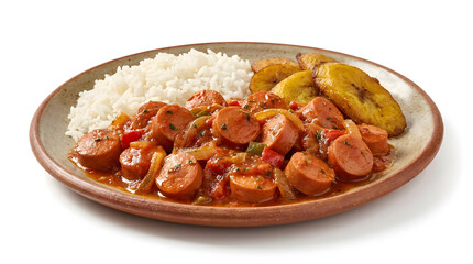 Fototapeta premium Traditional Panamanian salchichas guisadas, sliced sausages cooked in a rich tomato sauce, isolated on white