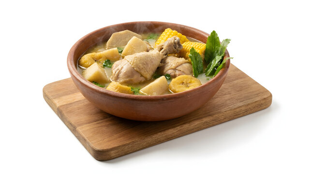 Traditional Panamanian Sancocho chicken soup with root vegetables in a bowl, isolated on white background