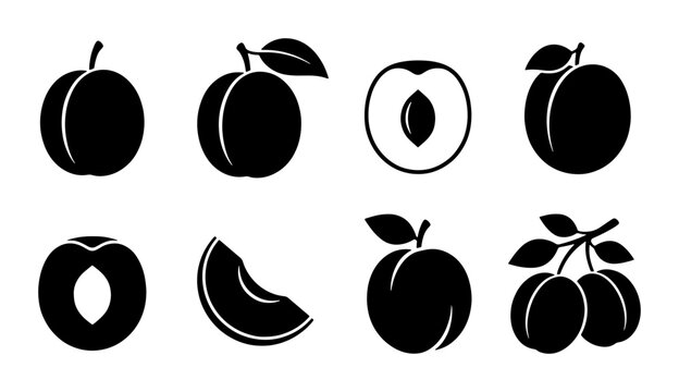 Plum Fruit Icons Set, Fresh Ripe Stone Fruit Vector Graphics, Healthy Food Illustrations