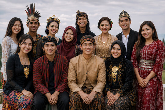 Diverse Group of Young Indonesians in Traditional Ethnic Costumes from Various Regions