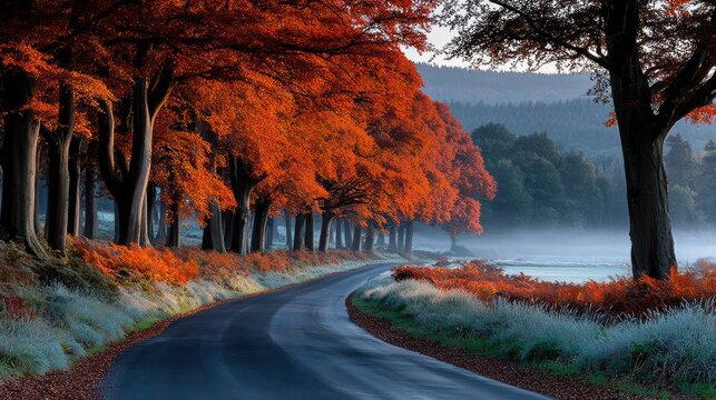 Winding road lined with vibrant autumn trees; early morning mist over distant hills