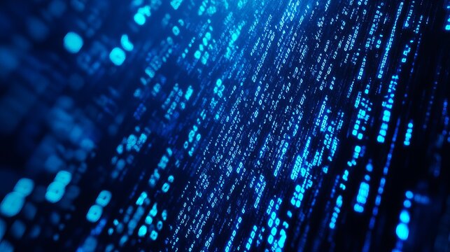 Glowing blue digital binary code raining down in a dark abstract stream of computer data