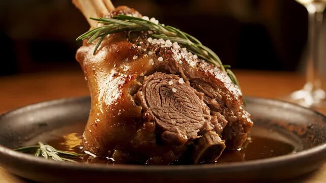 Close-up of slow-cooked meat shank (lamb or beef) garnished with rosemary and coarse salt, resting in rich brown gravy on a dark ceramic plate in a restaurant setting.