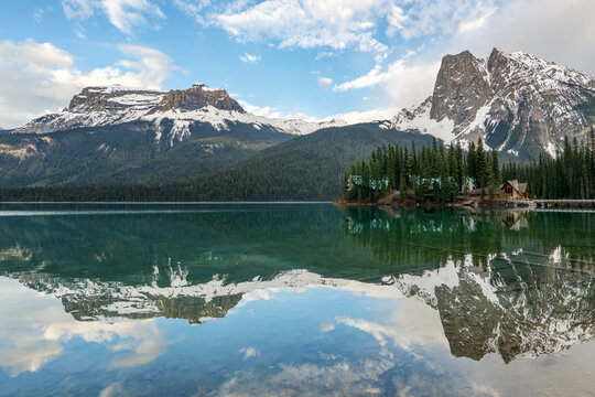 Calm Emerald Lake with perfect mountain reflections