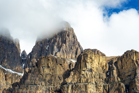 Castle Mountain summit hidden by clouds in Banff National Park