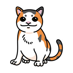 Fototapeta premium Cute Calico Cat Cartoon Sticker with Smug Expression, Isolated on Black Background