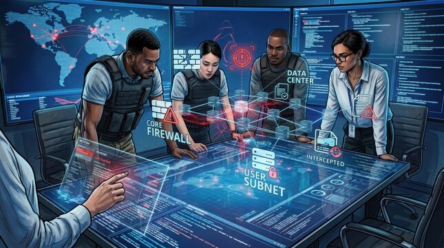 Cybersecurity team monitoring network threats and firewall protection on futuristic command center interface