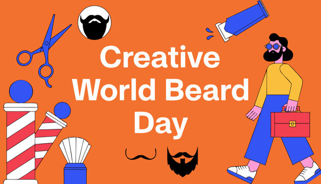 Creative World Beard Day, beard celebration, facial hair, barber tools, vector illustration