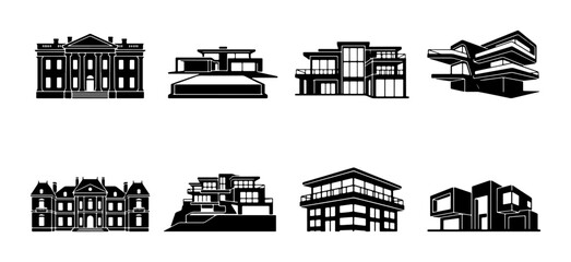Naklejka premium Modern & Classic Architecture Silhouettes: Luxury Homes, Estates, Buildings