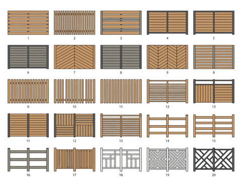 Diverse Collection of Modern and Traditional Fence Panel Designs for Architectural and Landscape Projects, Showing Various Styles and Materials