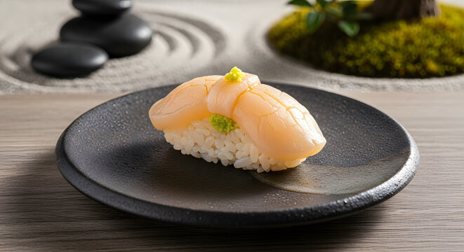 Japanese classical nigiri sushi, made from hotate (scallops) on a rustic plate against a clean elegant stony Zen house garden background