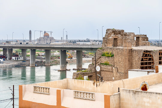 View of the bridge over the Tigris River and the new City of Mosul, Iraq