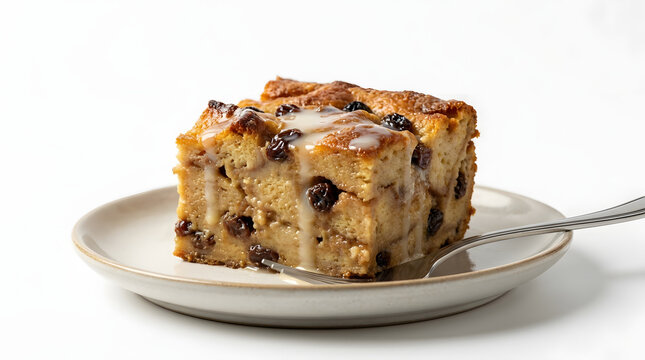 Slice of Panamanian bocado de la reina, a moist traditional bread pudding, isolated on a white background