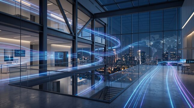 Futuristic modern office interior with glowing blue digital data streams flowing through glass walls connecting to city skyline network map