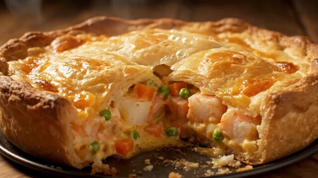 Steaming hot seafood pot pie with flaky golden puff pastry crust, featuring a rich creamy filling of shrimp, carrots, and peas, served freshly baked.
