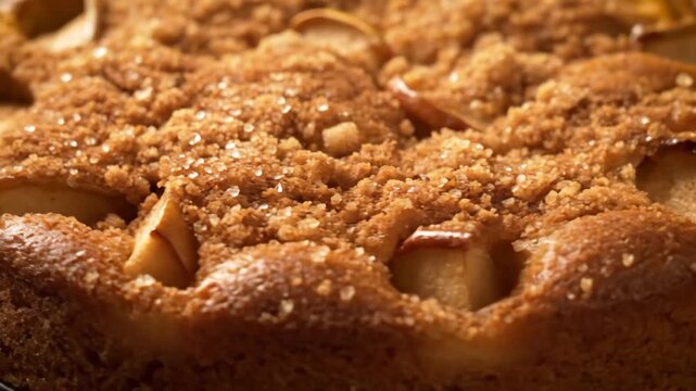 Delicious close-up of freshly baked apple crumb cake with crunchy streusel topping and visible sugar crystals, showcasing texture and golden-brown perfection.