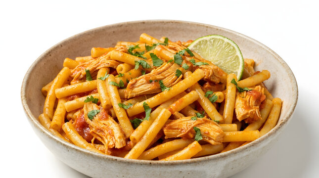 Authentic Panamanian macarrones con pollo, long macaroni and chicken in achiote sauce, isolated on white background