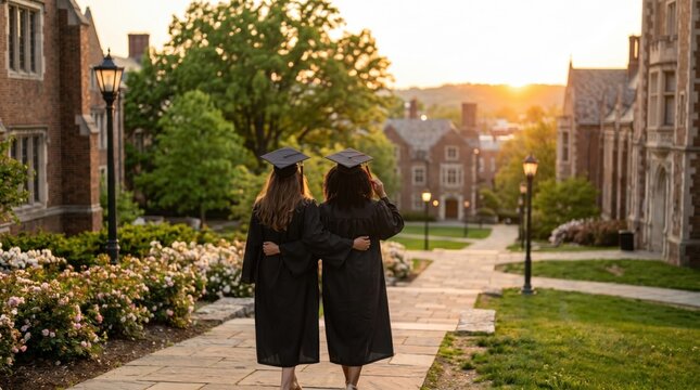 Two female graduates walking away on university campus path at sunset, wearing black gowns and caps