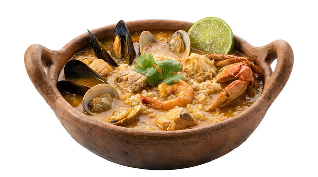 Hearty Panamanian guacho de mariscos, a thick traditional seafood rice soup, isolated on a white background