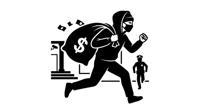 A black and white illustration of a thief running away with a bag of money while being chased by a police officer.