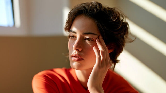Hormonal puffiness concept, woman touches swollen cheek and under eye area, concerned expression in warm morning light, natural skin texture, beauty wellness skincare, dermatology care, recovery.