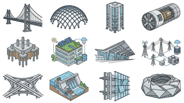 Modern Architectural Structural Wireframe Concepts Display.