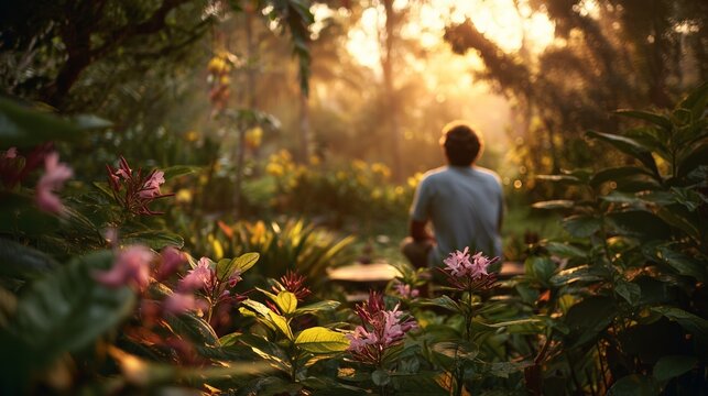 Person sitting in sunlit forest garden among tropical plant and flower reflecting calm recovery and therapeutic harm reduction after ibogaine treatment.
