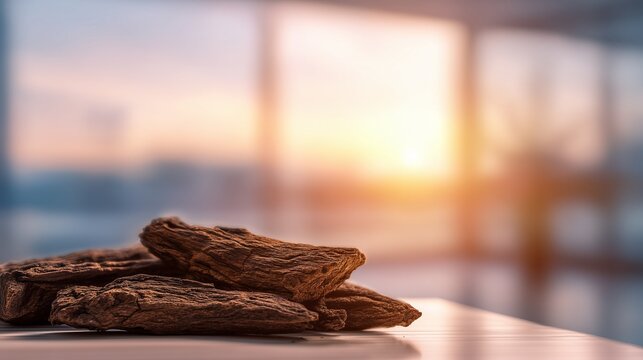Ibogaine addiction recovery concept with iboga root on table and sunrise window background suggesting psychiatric therapy and harm reduction.