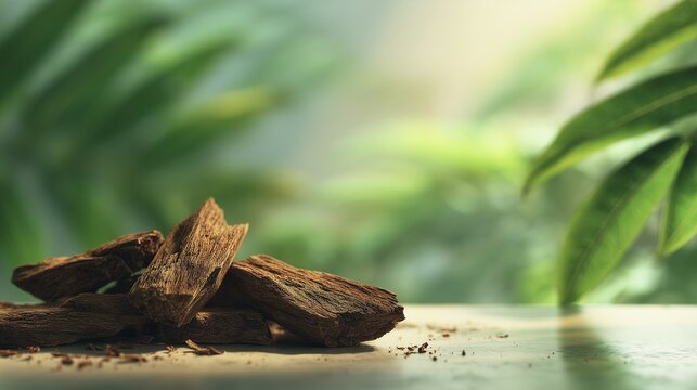 Iboga root bark on table symbolizing ibogaine addiction recovery research and medical usage, therapy, psychedelic medicine, clinical study concept.