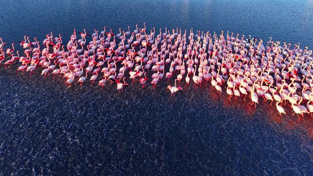 Overhead view of flamingo flock in circular formation, Bulgaria. Straight-down drone perspective of hundreds of pink and white birds clustered in dark blue water, some with open wings.